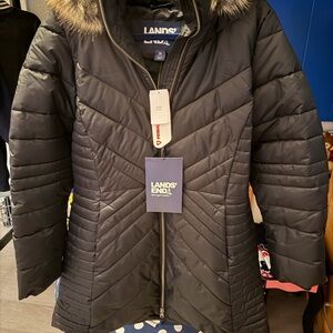 Lands' End Women's Black Puffer Coat with Fur Trim